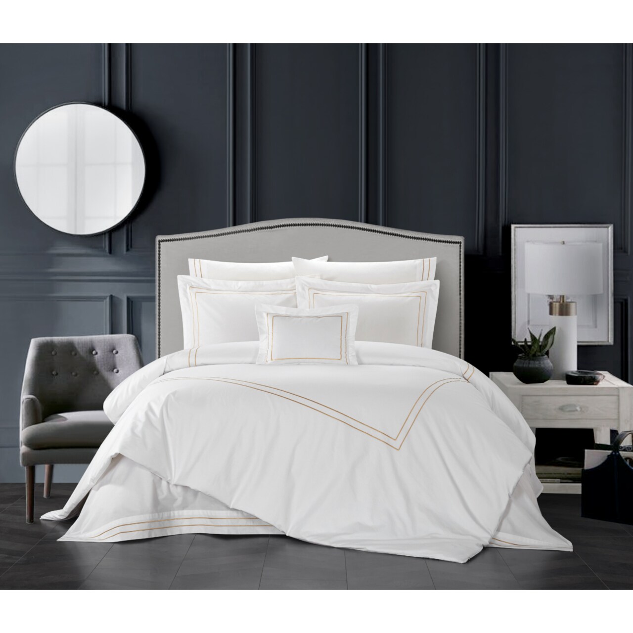 Chic Home Ilani 4 Piece Cotton Comforter Set Solid White With Dual Stripe Embroidered Border Hotel Collection Bedding